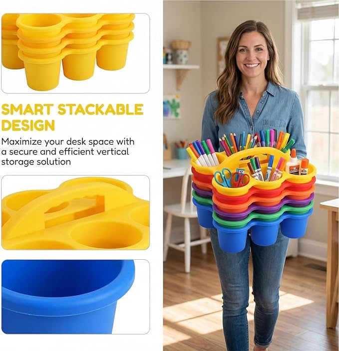 Multicolor Pencil Holders for Desk, 6-Cup Classroom Caddy with Handles, Durable Art Supply Organizer for School Office Home (Set of 6)