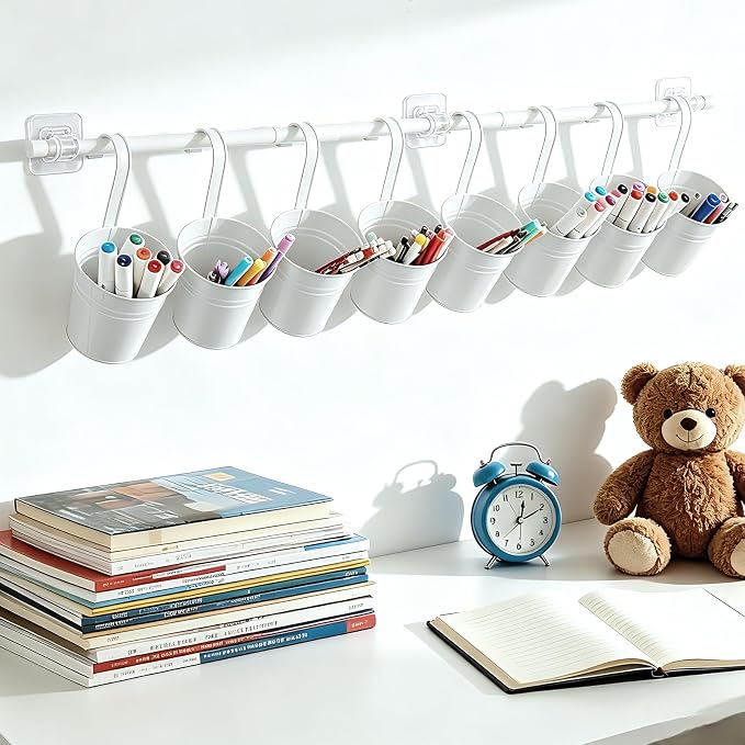 8 PCS White Metal Pencil Holder with Pipes Back to School Hanging Iron Small Pails Stationery Crayon Organizer First Day of School White Buckets Classroom Pencil Holder for Students Crafts Party Favor