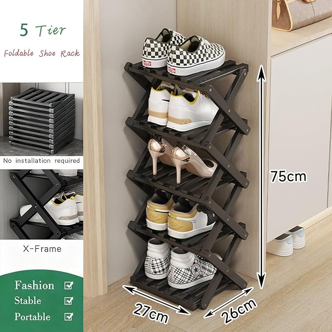 Vertical Black Shoe Rack Small, 5 Tier Portable Folding Shoe Storage Rack, Without Installation Free Standing Shoe Rack for Corridors, Bedrooms Living Room Corner and Small Spaces
