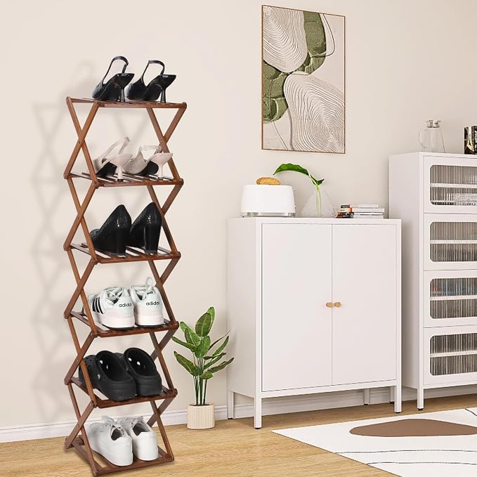 Bamboo Shoe Rack 6 Tier Foldable Shoe Rack for Entryway | Narrow Vertical Shoe Organizer Free Standing Shelf, Multifunctional Slim Storage for Bedrooms Living Room Corner