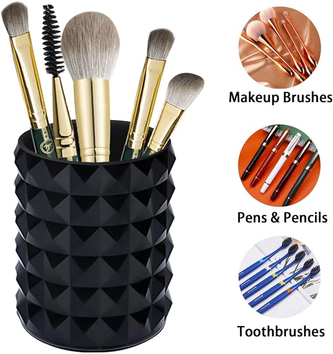 Acrylic Makeup Brush Holder, Brush Organizer, Vanity Accessories | Black Make Up Brush Holder Organizer, Round Cosmetic Storage Cup Pen Holder for Desk Vanity, Marker Organizer Office Supplies