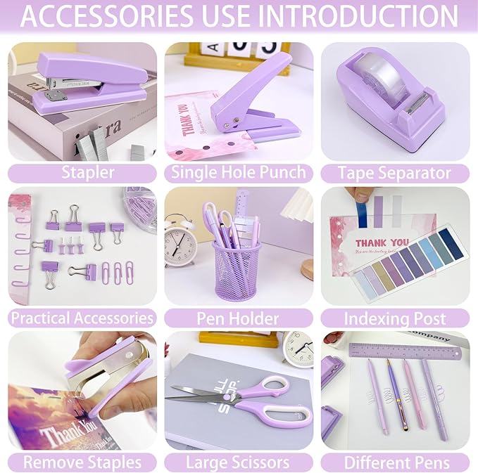 16Pcs Purple Desk Accessories- Purple Office Supplies with Stapler, Tape Dispenser, Pen Holder, Staple Remover, Hole Punch, Paper Clips, Pens, Cute Desk Set for Office Home School Women Students Gift