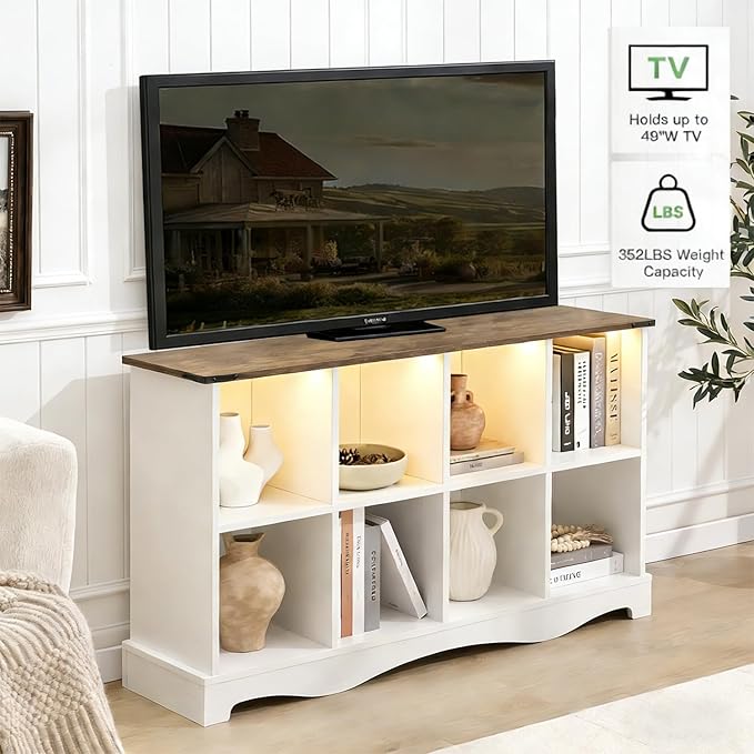 8 Cube Storage Organizer Bookcase, Long Horizontal Wood Bookshelf with Open Compartments, Multi-Purpose Cube Shelf, Hallway TV Stand for Living Room, Bedroom, Entryway, White