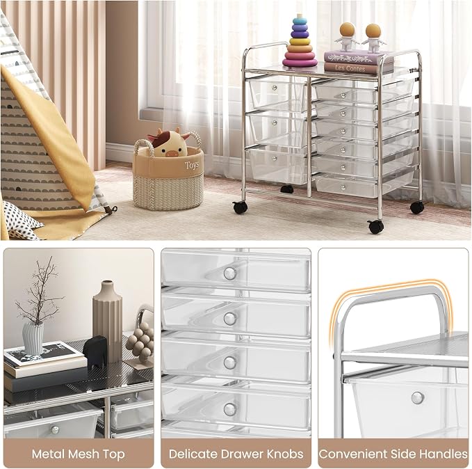 COSTWAY Rolling Storage Cart with 9 Drawer, Utility Cart with Metal Frame | Mobile Art Supply Craft Organizer, Multipurpose Storage Organizer for Paper, Office, School Teacher, Classroom, Transparent