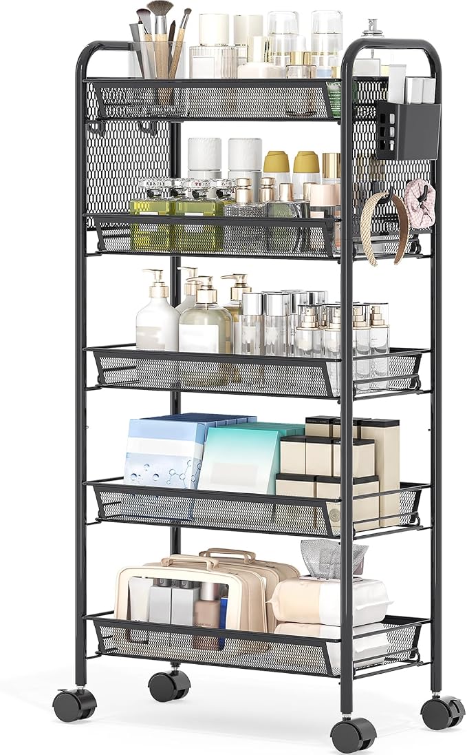 5 Tier Metal Rolling Utility Cart - Heavy Duty Storage Trolley with Pegboard, 4 Hooks & 1 Bin, Mobile Organizer Shelves for Bathroom Kitchen Office Craft Room Laundry, Black