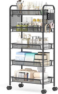 5 Tier Metal Rolling Utility Cart - Heavy Duty Storage Trolley with Pegboard, 4 Hooks & 1 Bin, Mobile Organizer Shelves for Bathroom Kitchen Office Craft Room Laundry, Black