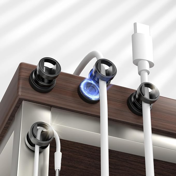 Maveek Magnetic Cable Holder 6 Pack, Stainless Steel Cord Clips Wire Organizer Office Desk Accessories USB Charging Cords Management Nightstand (Metallic Black)