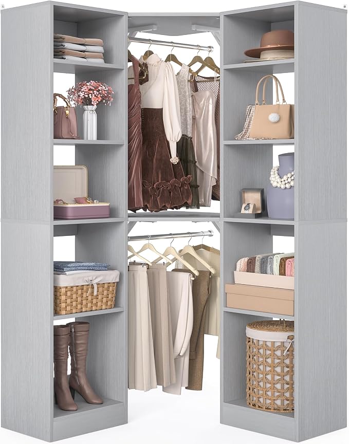 Besiost Corner Closet System with 12 Shelves, 39.2" Corner Closet Organizer System with 2 Hanging Rods, Versatile 6-Tier Walk-in Closets for Corner Space, Grey (39.2" L x 39.2" W x 80" H)
