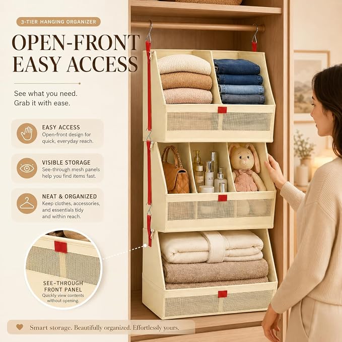 Fabric Hanging Closet Organizer Heavy Duty Shelf Hanging Storage Towel Clothes Sweater Jeans Bag Organizer For Closet For Bedroom,Dorm,RV,See Through Front Panel, Space-Saving (Beige-3Tier Extra Wide)