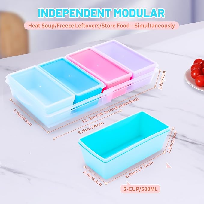 Gemice 2-Cup Silicone Freezer Molds with Lids, Individual 4-Pack | Oven & Dishwasher Safe, BPA-Free Soup Portion Cubes Trays, Freezer Containers for Food Storage