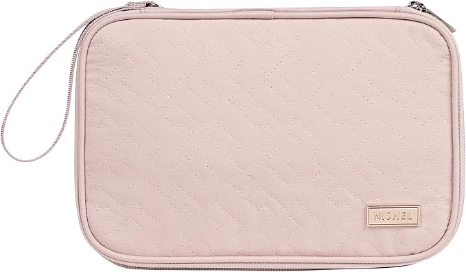 NISHEL Travel Cord Organizer Case, Double Layers Tech Electronic Bag, Essentials for Charger, Cable, Phone, Flash drive, Large, Pink