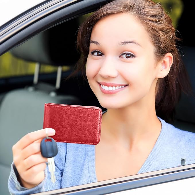 Outus 2 Pcs Business Card Holder, PU Leather Business Card Case Pocket Wallet with Magnetic Shut for Men Women(Black and Red,Classic)