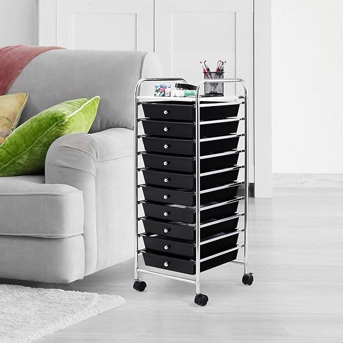 LDAILY 10-Drawer Rolling Storage Cart, Rolling Storage Cart, Storage Organizer on Wheels, Metal Frame, Scrapbook Paper Tools, Suitable for Office School, Classroom (Black, 10 Drawer)