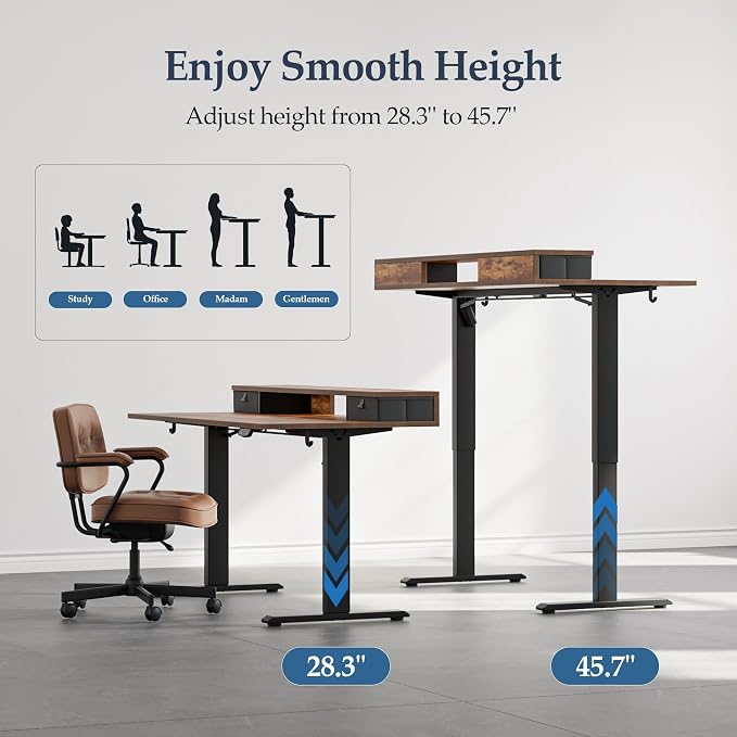 Klicelor 63 x24 Inch Electric Standing Desk with Drawers, Adjustable Height Small Sit Stand Desk for Home Office, Compact Computer Workstation with Storage– Rustic Brown
