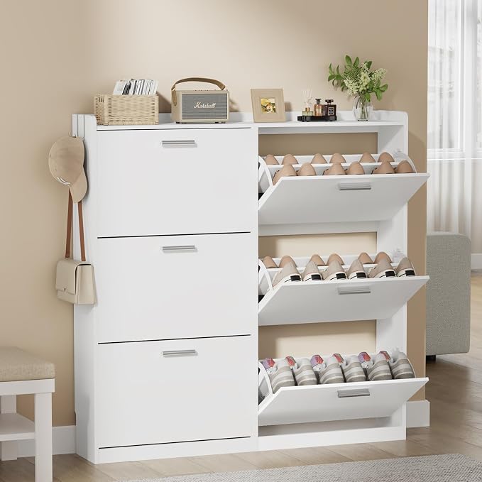 Shoe Cabinet with 6 Flip Drawers, Freestanding Shoe Rack Organizer with Adjustable Shelves, 47.2" W x 8.7" D x 47.2" H Narrow Shoe Storage Cabinet for Entryway, Foyer, Hallway, White