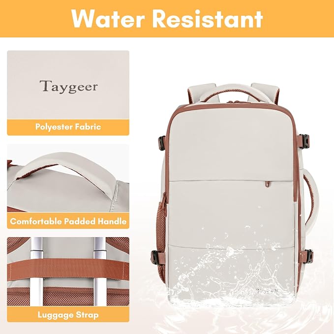 Taygeer Backpack for Women, College Backpack with Laptop Compartment 40l | Travel Laptop Mochila Carry On Luggage with Shoe Pouch, Airline Approved Personal Item Bag for Weekender Hiking, Khaki White