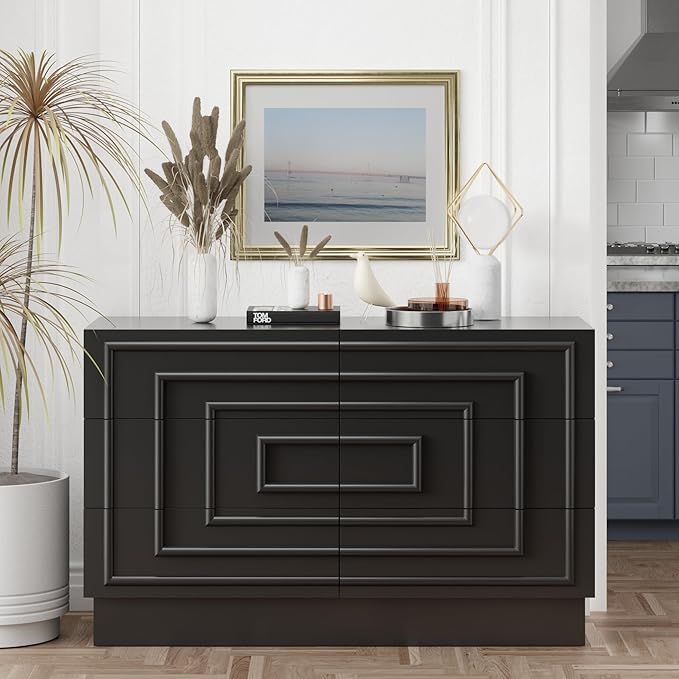 Aoikax Modern 6-Drawer Dresser, Sculptural Mid-Century Drawer of Chest with Geometric Square Pattern, Contemporary Accent Dresser for Bedroom, Living Room, Black