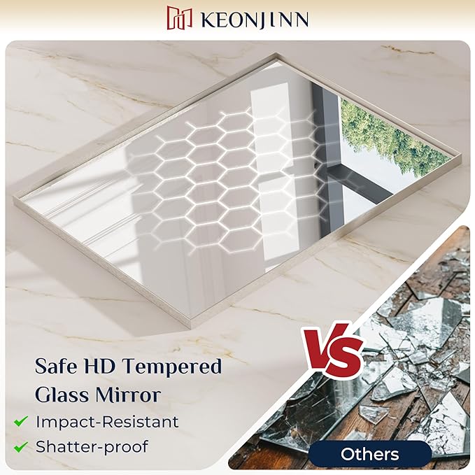 Keonjinn Brushed Nickel Bathroom Mirror for Wall 22 x 30 in, Rectangular Metal Framed Silver Mirror for Vanity Square Corner Aluminum Alloy Rectangle Modern Mirror for Over Sink(Horizontal/Vertical)