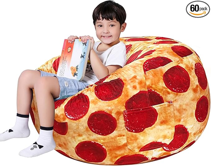 Lukeight Pizza Stuffed Animals Storage Bean Bag Chair Cover Only (Ships Empty, No Filling) - Velvet YKK Zipper Beanbag Cover for Toddlers and Kids, Washable Plush Toy Organizer, Large 27" D x 16" H