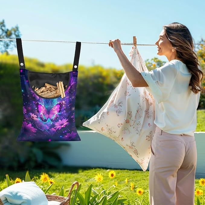 Purple Butterfly Clothes Pin Bag Flroal Clothes Pin Hanging Bag Fashion Clothespin Organizer Bag Portable Clothespin Storage with Large Opening Clothespin Storage for Small Items
