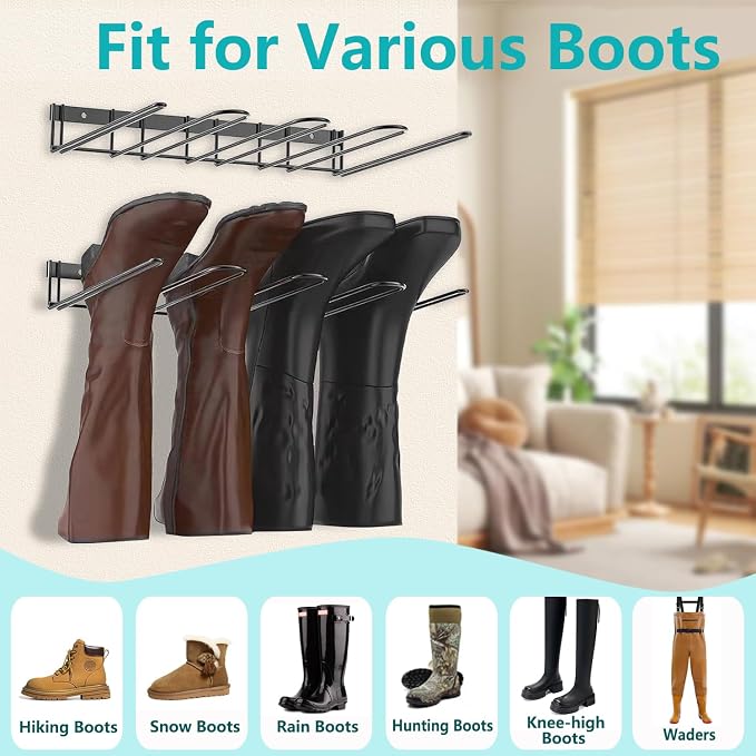 Boot Rack - 4-Pair Wader Hangers Wall Mount Sturdy Metal Cowboy Boot Hangers - Wall Boots Holder Storage Organizer for Closet, Entryway, Indoor, Garage