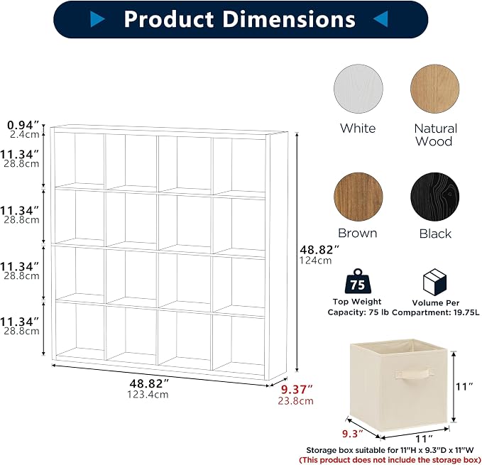 16-Cube Storage Organizer Bookcase, Thick Frame Wood Grain Storage Shelf, Rectangular Cube Open Back Display Unit, 48.8x9.4x48.8 Inches for Living Room, Bedroom, Home Office, Embossed Black
