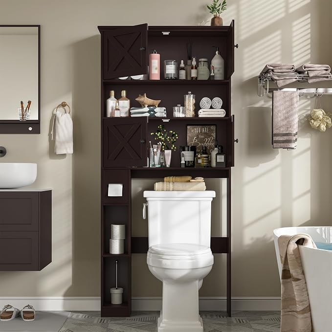 Halitaa Over The Toilet Storage Cabinet with Doors & Paper Holder, Espresso | Halitaa Farmhouse Toilet Shelf Home Space Saver with 4 Barn Doors & Toilet Paper Holder Stand for Restroom, Bathroom, Laundry