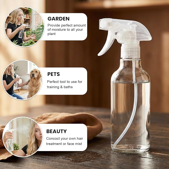 12oz Glass Spray Bottles 2 Pack,Mist/Stream Spraying | Adjustable Refillable Containers for Hair Care, Cleaning Solutions, Plants, Essential Oils