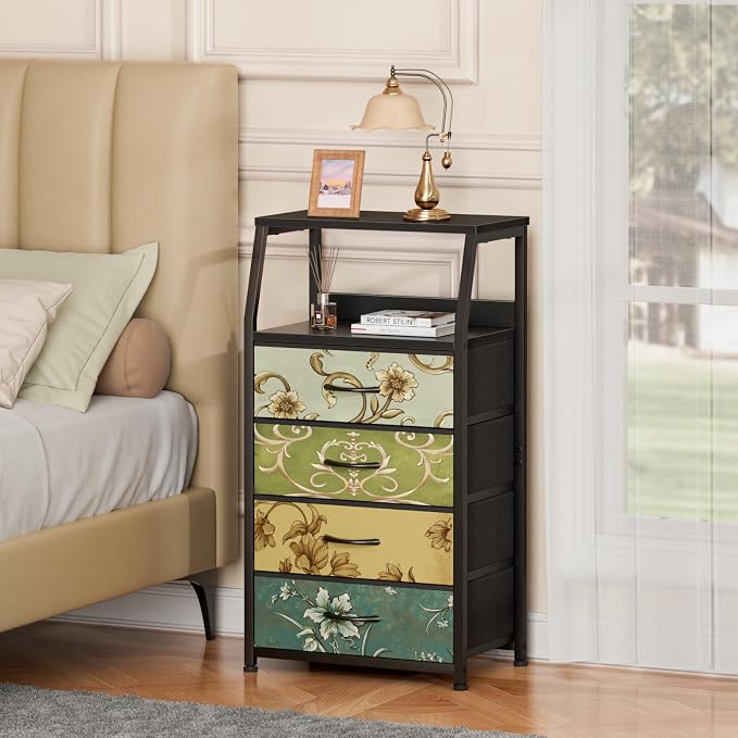 Furnulem Retro Dresser for Bedroom, Small Dresser for Closet, Vintage Nightstand with 4 Drawers, Fabric Storage Organizer Bedside Table Side Furniture, Metal Frame, Wood Top