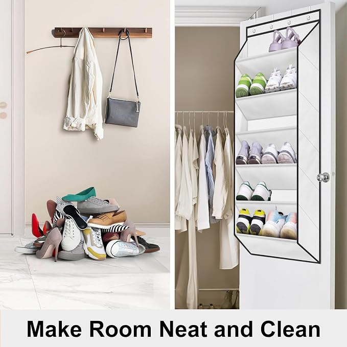 SLEEPING LAMB Over The Door Shoe Organizer for Closet with Large Deep Pockets, Narrow Shoe Rack for Door Hanging Boots Storage, White