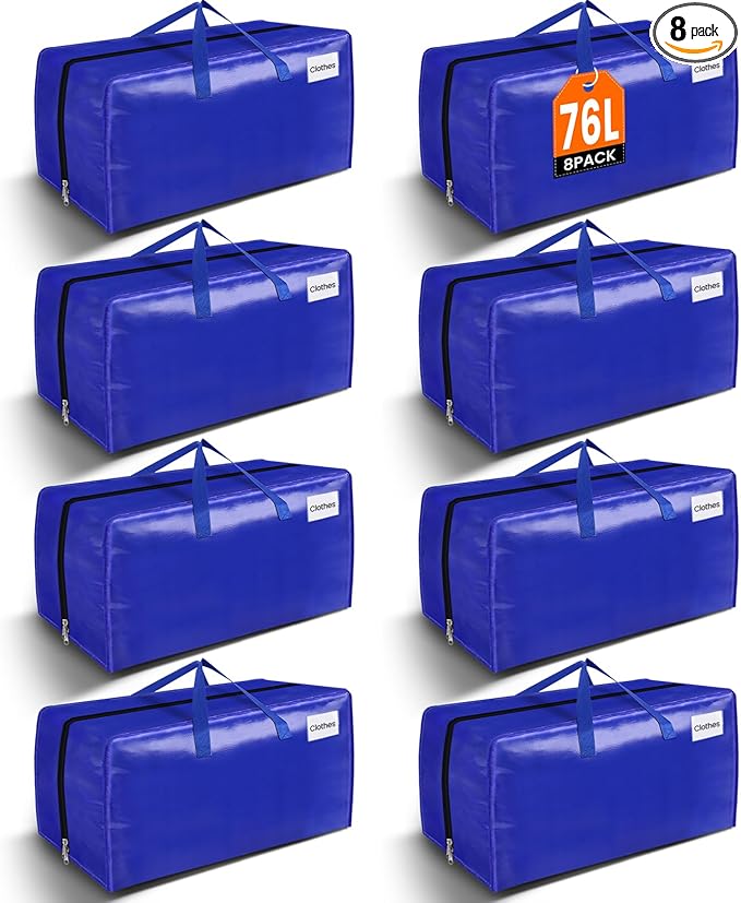 BlissTotes Moving Bags, Heavy Duty Moving Supplies & Storage Bags, Extra Large Packing Bags, Boxes with Tag Pockets, Collapsible Fold Flat Storage Totes, Alternative to Box and Bin, 76L, 8 Packs