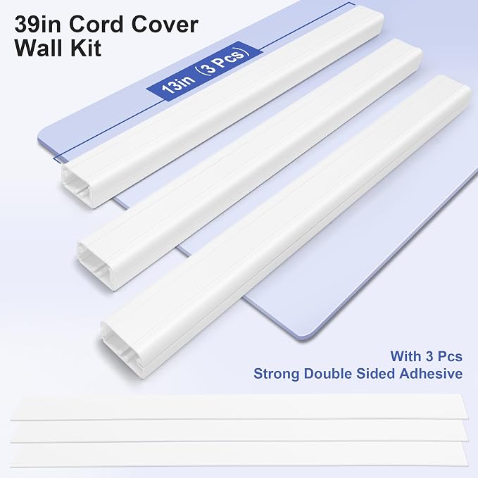 Hinged Cord Covers for Wires on Wall, 39in Self-Adhesive Wall Cord Cover | TV Cable Hider Wall Kit, Black TV Cord Hider for Wall Mounted TV, Electrical Cable Raceway Cord Organizer, 3 X L13inW1.2H0.7