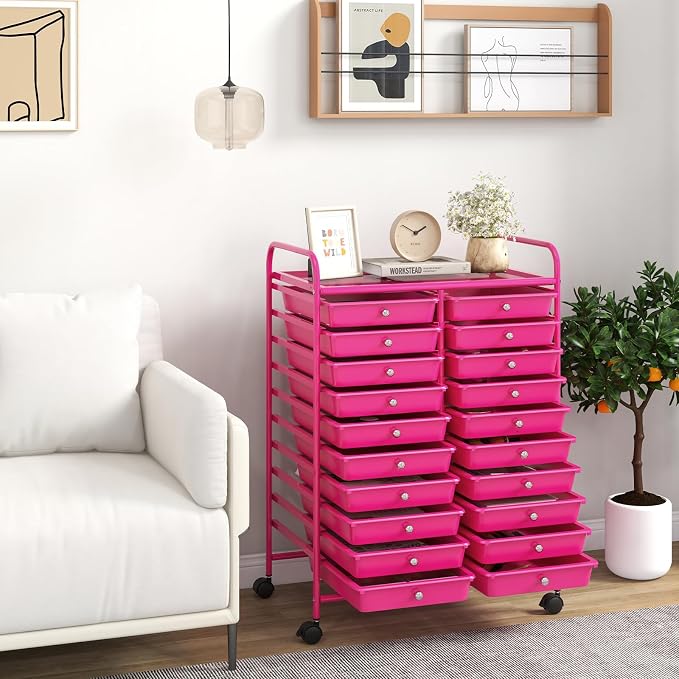 LDAILY 20-Drawer Rolling Storage Cart, Rolling Storage Cart, Storage Organizer on Wheels, Metal Frame, Scrapbook Paper Tools, Suitable for Office School, Classroom (Hot Pink, 20 Drawer)
