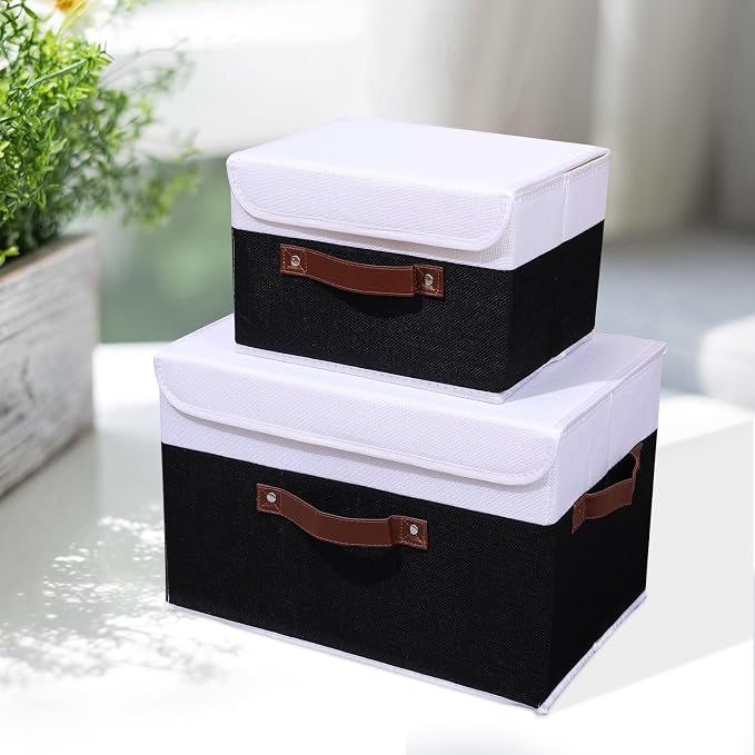ANMINY 2PCS Storage Boxes with Lids Washable Decorative Storage Bins Basket with PU Leather Handle Foldable Linen Fabric Storage Cubes Containers for Home Closet Organizer - Black White, Medium