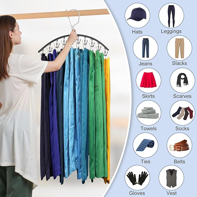 3 Pack Skirt Pants Hangers with Clips, Legging Organizer for Closet Hanging with 10 Cilps Holds 30 Leggings/Shorts/Jeans/Skirts Pants Hangers Space Saving Closet Organizers and Storage, Grey