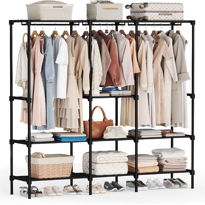 OLIXIS Heavy Duty Clothes Rack, Portable Wardrobe Closet, 75" L, Black | Freestanding Closet Organizer with Hanging Rods, Clothes Rack with Shelves, for Cloakroom, Bedroom