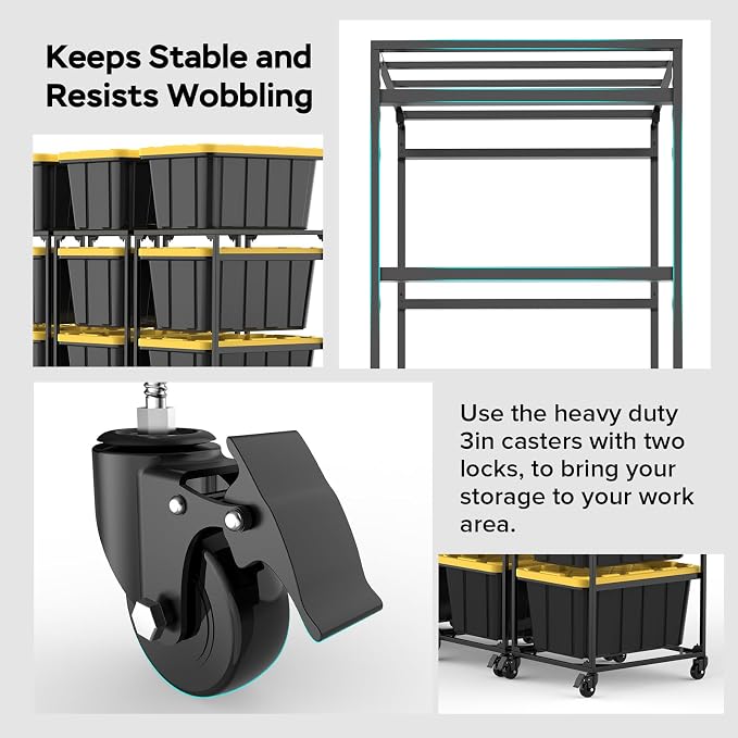 27 Gallon Tote Storage Rack with Wheels | 27 Gallon Tote Rack System, Max 300 Lbs Load Capacity, Easy to Move, Ideal for Garages & Warehouses (Bins Not Included)