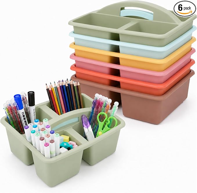 6 Pack Assorted Colors Classrooms Caddy 4 Compartment Classroom Caddy Compartment Caddies Set Table Caddies Classrooms with Handle for Classroom Organization Table Desk Office Supplies(Groovy)