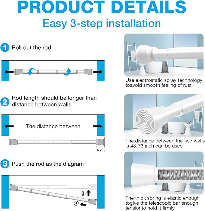 MEXAU Shower Curtain Rod 44-77 inch Tension Rod White Shower rod Non Slip Tension Curtain Rod Adjustable Curtain Rods No Drilling Shower Rods for Bathroom Windows Closet 1Pack
