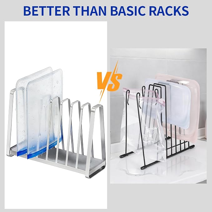 YIGII - Reusable Bag Drying Rack - Built in Quikly Dry Diatomite Stone Tray, Kitchen Drying Rack for Ziplock/Sandwich Storage Bags, Plastic Bag Drying Rack, Silver