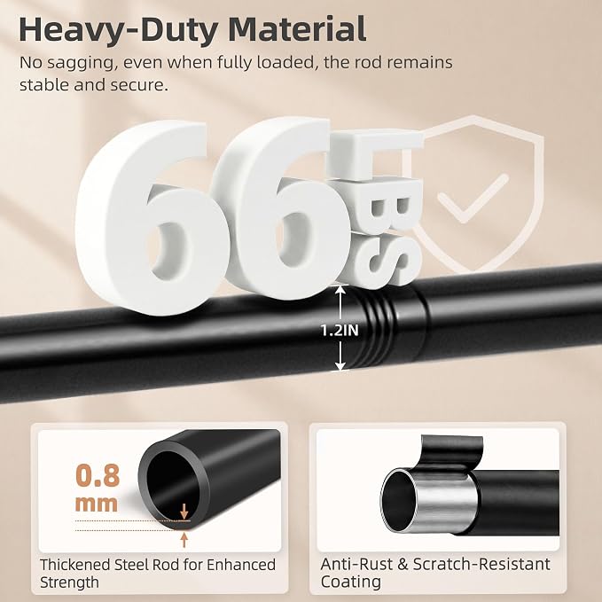 STORAGE MANIAC Closet Rods for Hanging Clothes 17.5 to 29.5 Inches Heavy Duty Stepless Adjustable Closet Hanging Rod 1.2 Inch Diameter Metal Closet Rod for Wardrobe Bathroom Bedroom Laundry RV, Black