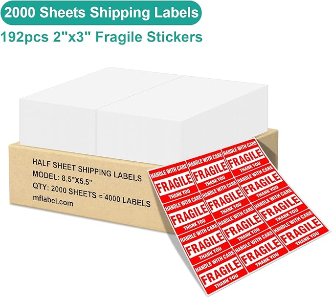 MFLABEL Half Sheet Shipping Labels 8.5x11 Inch - No Cut Needed! Self-Adhesive 8.5"x5.5" Labels for Laser/Inkjet (2000 Sheets = 4000 Labels) + Free 192 Fragile Stickers - FBA, UPS, FedEx