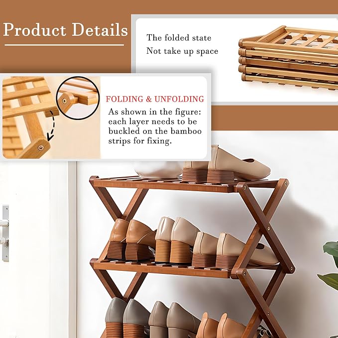 Jessie Bamboo Shoe Rack,Free Standing Shoe Rack for Closet,Portable Folding Shoe Storage Rack, Space Saving,Shoe Shelf for Bedroom Entryway Hallway Closet Living Room (Brown-4 Tier)