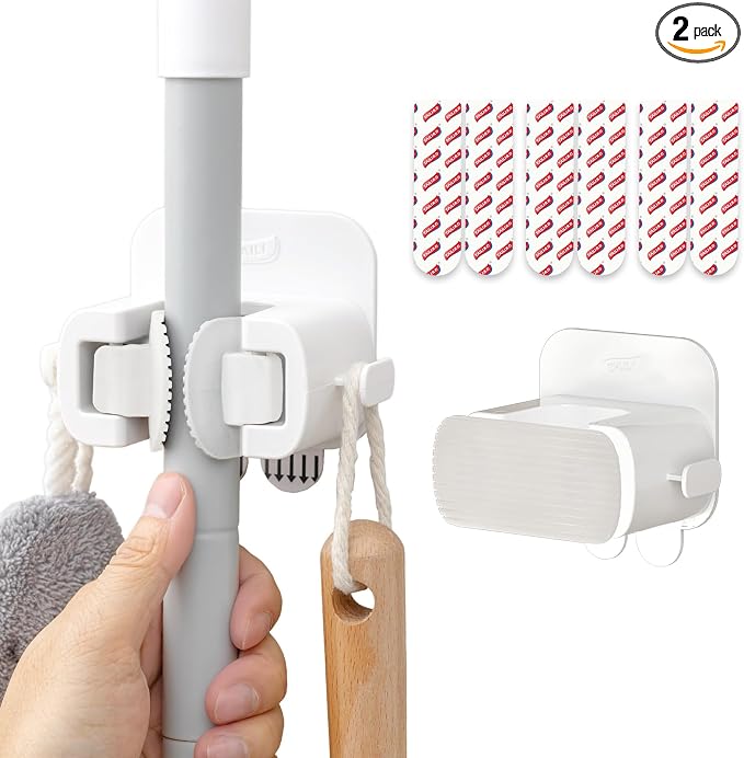 TAILI Mop and Broom Holder Wall Mount Grippers, 2 Hangers and 6 Adhesive Strips, Damage Free Hanging Wall Mount, Household Cleaning Organizer for Organization and Storage, Holds up to 4 lbs, White