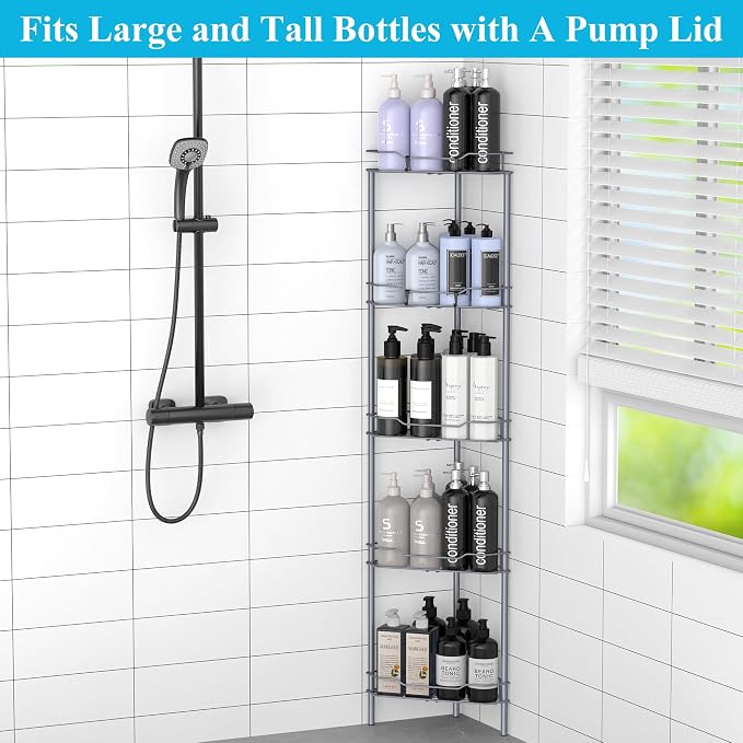 HuggieGems 5 Tier Floor Standing Corner Shower Caddy Organizer Shelf with Hooks, Bathroom Shelves Stand Rack, Dark Gray
