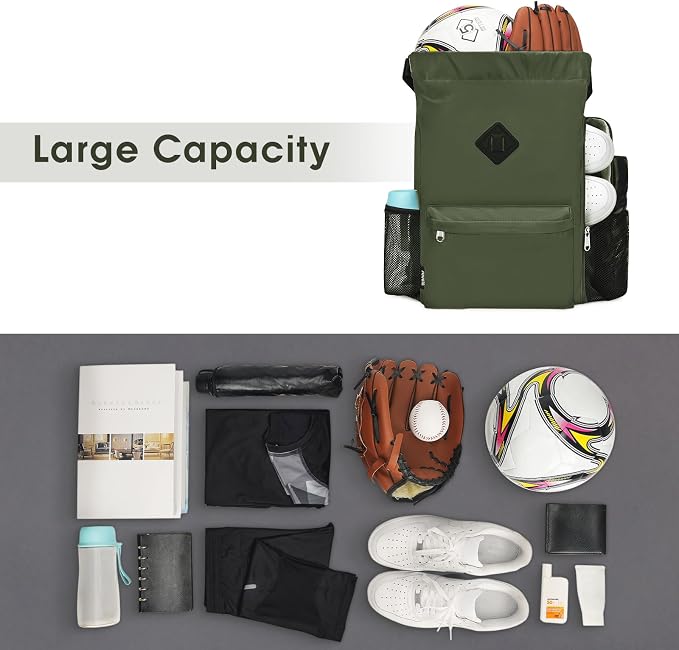 WANDF Drawstring Backpack with Shoe Compartment, Sports Gym Bag | Multi-Pocket Storage, Water-Resistant Fabric, Cinch String Bag