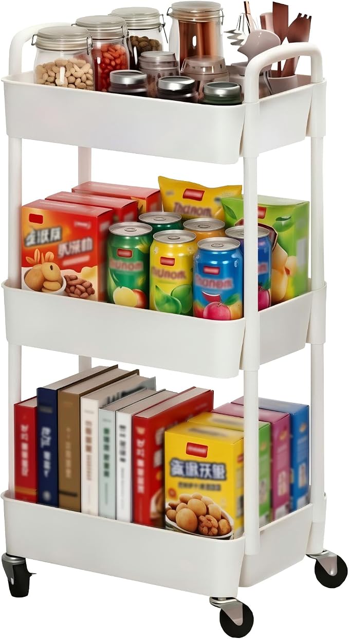 Sywhitta 3-Tier Plastic Rolling Utility Cart with Handle, Multi-Functional Storage Trolley for Office, Living Room, Kitchen, Movable Storage Organizer with Wheels, White
