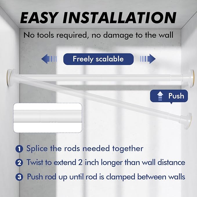 White Shower Curtain Rod Tension 30 to 92 Inch,1 Inch Diameter Adjustable Tension Curtain Rod No Drilling,Shower Rods for Bathroom,No Rust
