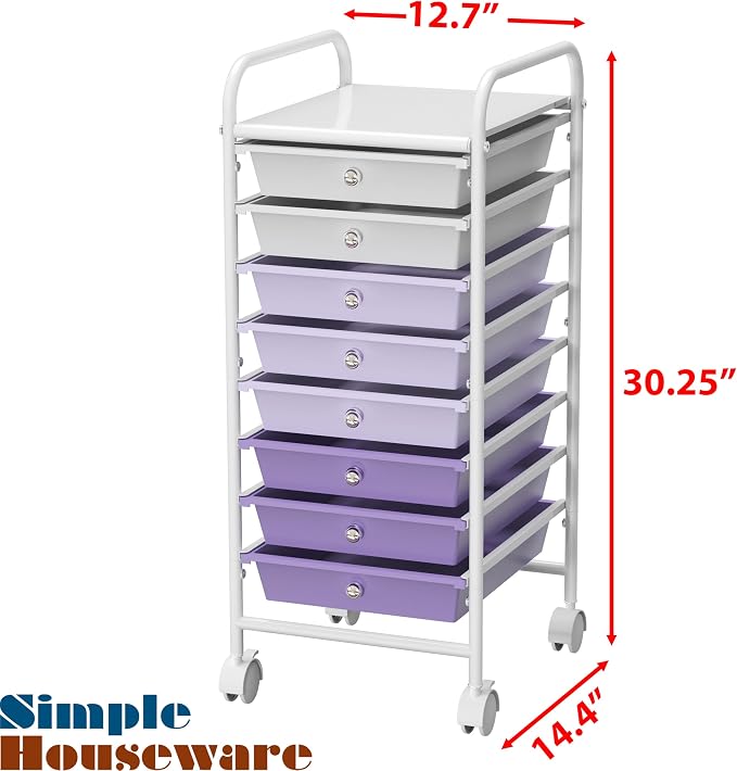 Simple Houseware 8 Drawers Rolling Utility Cart Art Craft Storage, Purple | 1-Column, 30.25" Height, Lockable Wheels, for School, Office, Art Craft, and Paper Storage