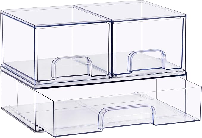 Sorbus Stackable Acrylic Storage Drawers – 2 Small + 1 Wide – 3 Pack Clear Plastic Organizer Bins for Baby Bottles, Makeup, Bathroom & Vanity, Pull-Out Drawer Design for Kitchen Cabinets